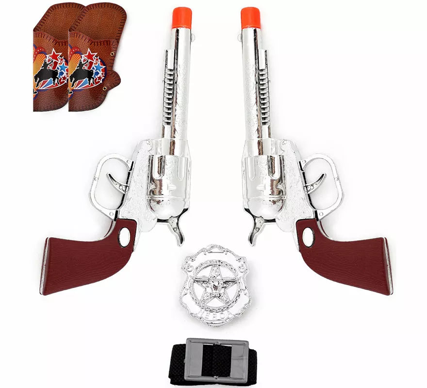 Translation missing: de.Kit de Vaquero: Placa y 2 Revolver con Funda de 9x18 cm de plástico