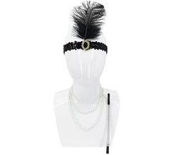 Flapper-Kit der 1920er Jahre: Band mit Feder, Halskette und Zigarettenspitze