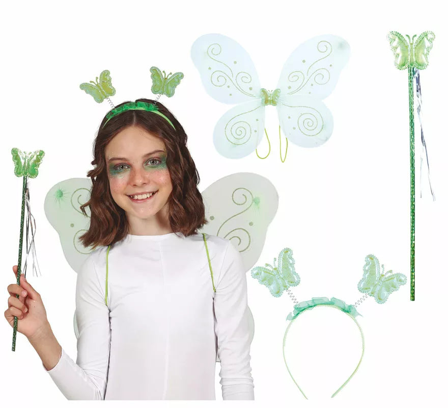 Translation missing: de.Kit Hada Mariposa Verde: Diadema, Varita y Alas de 35x40 cm