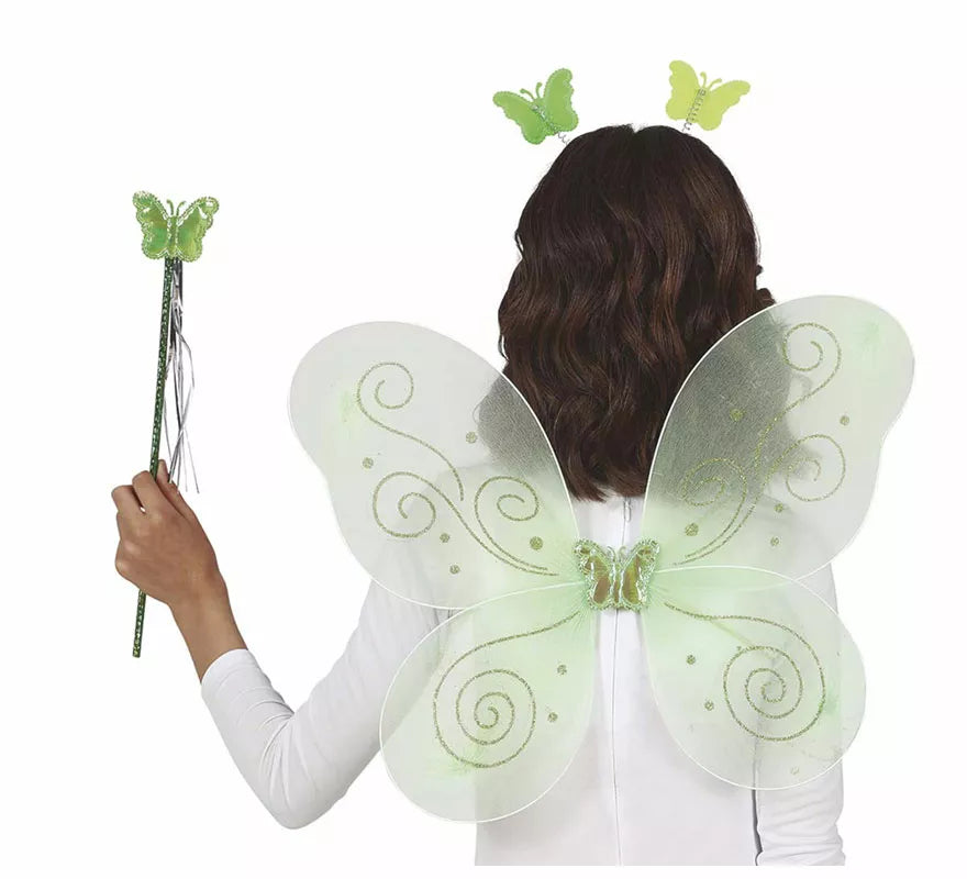 Kit Hada Mariposa Verde: Diadema, Varita y Alas de 35x40 cm