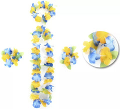 Gelbes und blaues Hawaii-Set: Halskette, Armbänder und Kopfschmuck