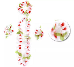 Weißes und rotes Hawaii-Set: Halskette, Armbänder und Kopfschmuck