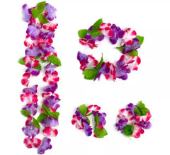Fliederfarbenes Blumen-Hawaii-Set: Halskette, Armbänder und Kopfschmuck