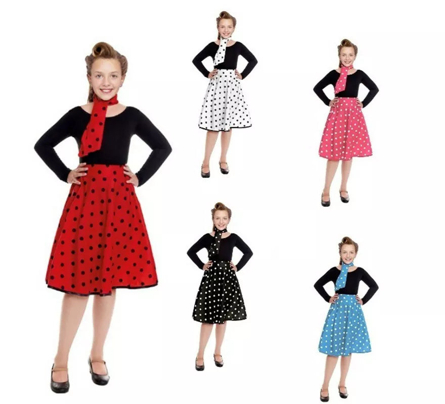 Translation missing: de.Kit o Disfraz Años 50 en varios colores para niña: Falda y Pañuelo