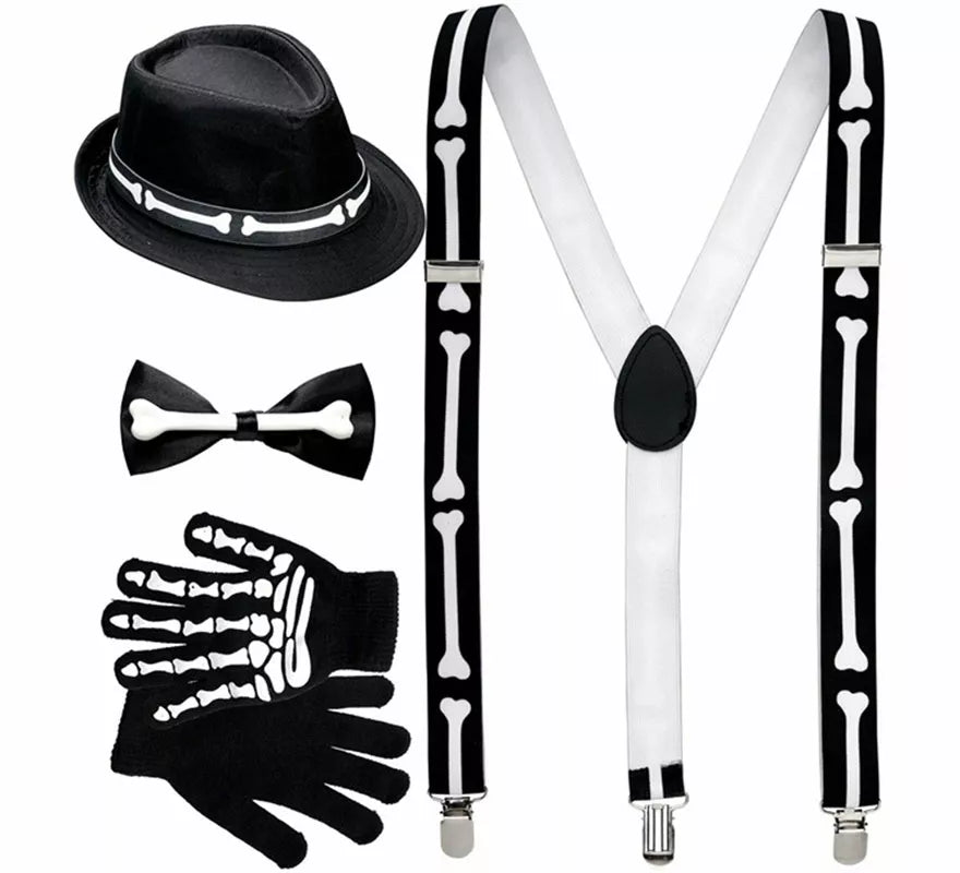 Kit o Disfraz de Esqueleto Elegante para hombre: Tirantes, Pajarita, Guantes y Gorro Huesos