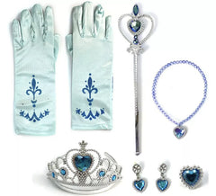 Blaues Prinzessinnen-Set für Kinder: Handschuhe, Zepter, Halskette, Krone, Ohrringe und Ring