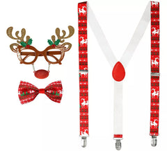 Rentier-Weihnachtsset: Brille mit Nase und Hörnern, Hosenträger und Fliege