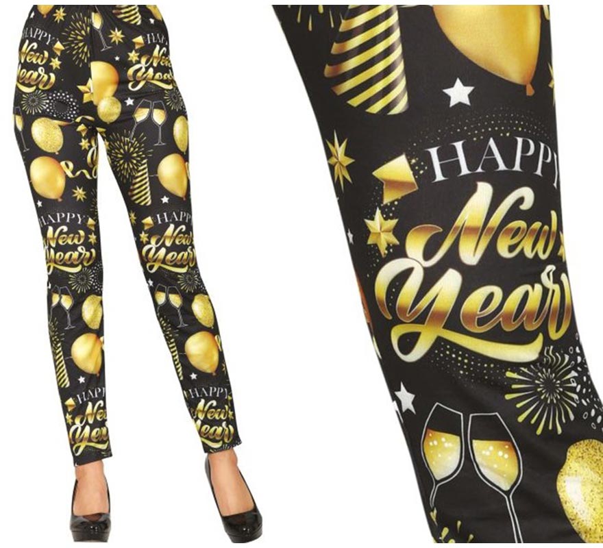 Translation missing: de.Leggings Happy New Year negro y dorado para mujer