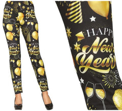 Schwarz-goldene „Happy New Year“-Leggings für Damen