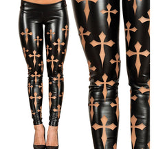 Schwarze Leggings aus Kunstleder mit Kreuzmuster für Damen