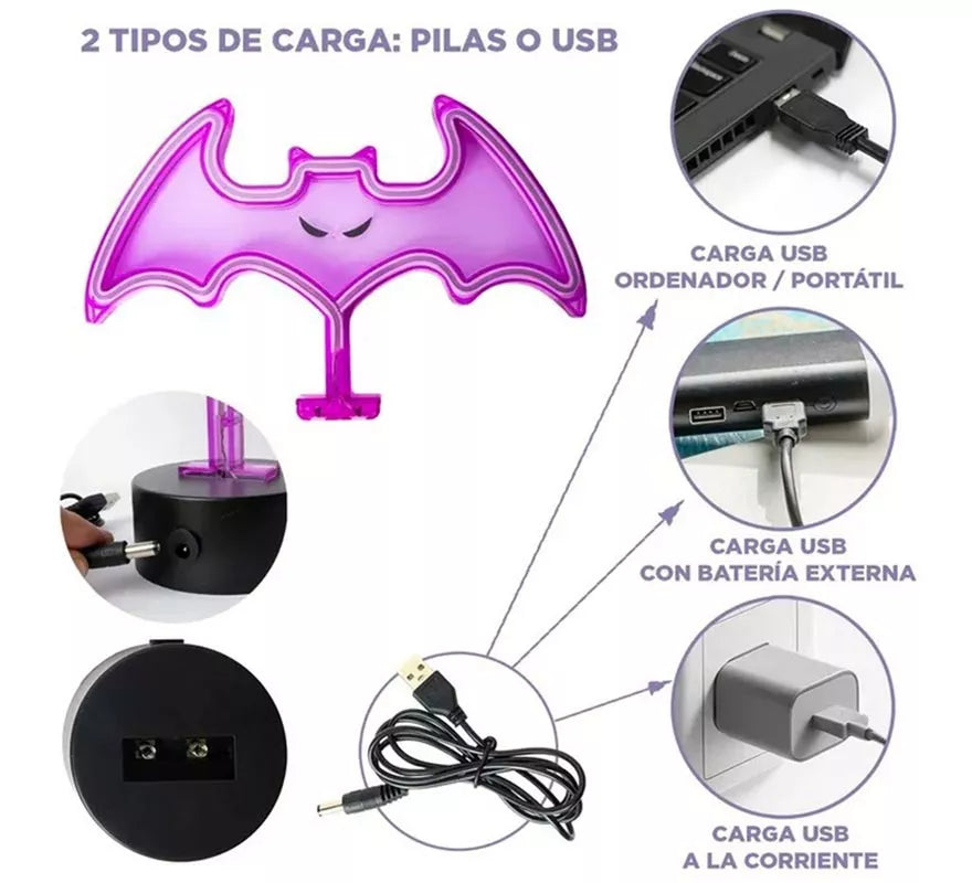 Translation missing: de.Luz neón de Murciélago con Soporte de 27x9x20 cm