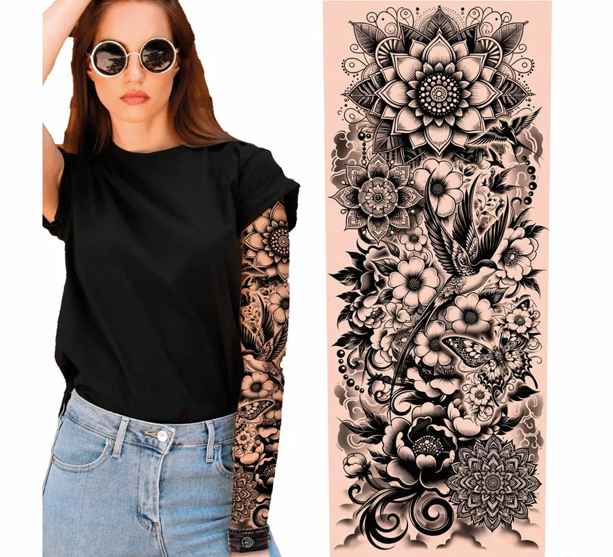 Translation missing: de.Manga de Tatuaje floral blanco y negro adulto