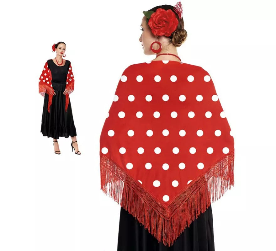 Translation missing: de.Mantón de Sevillana o Chulapa Rojo con Lunares blancos de 150x60 cm