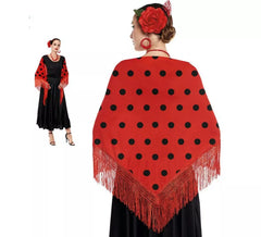 Roter Sevillana- oder Chulapa-Schal mit schwarzen Punkten, 150 x 60 cm