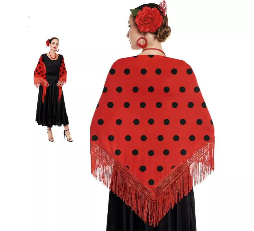 Translation missing: de.Mantón de Sevillana o Chulapa Rojo con Lunares negros de 150x60 cm