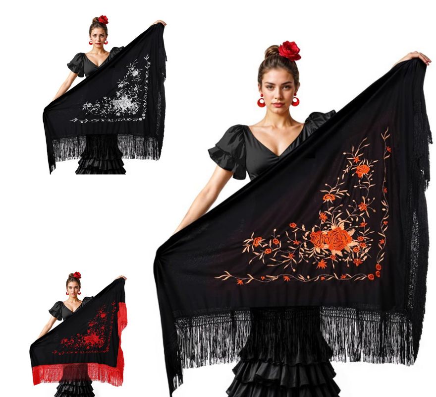 Mantón negro bordado de 200x95 cm en varios colores