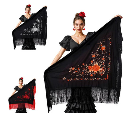 Mantón negro bordado de 200x95 cm en varios colores
