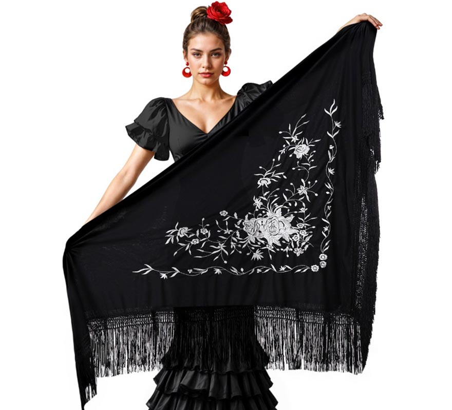 Translation missing: de.Mantón negro bordado de 200x95 cm en varios colores