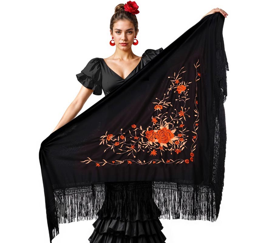 Mantón negro bordado de 200x95 cm en varios colores