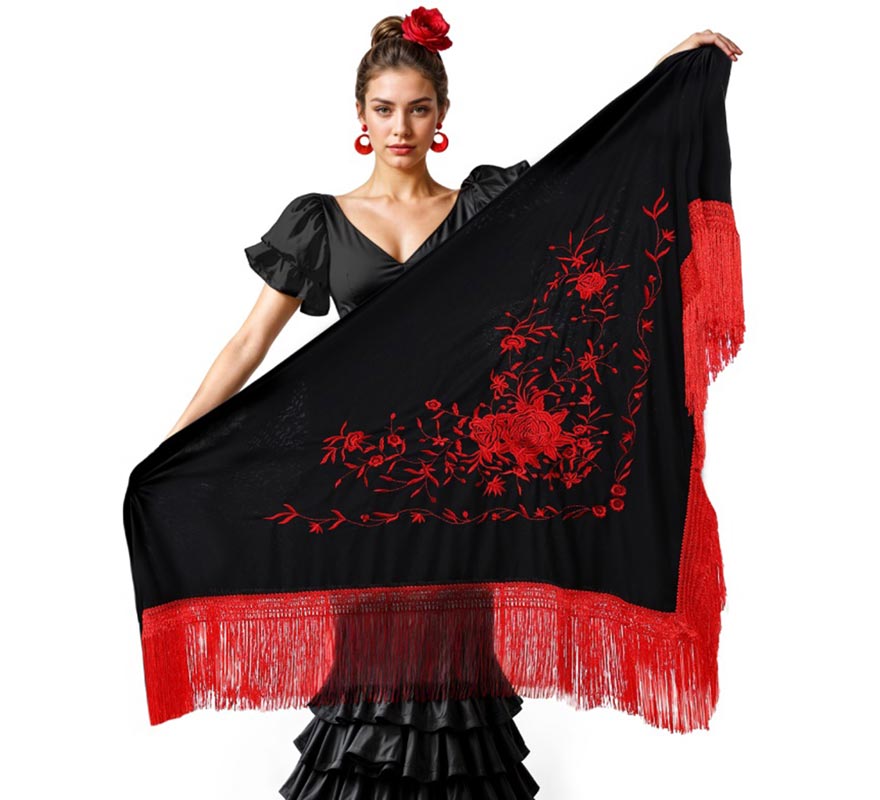 Mantón negro bordado de 200x95 cm en varios colores