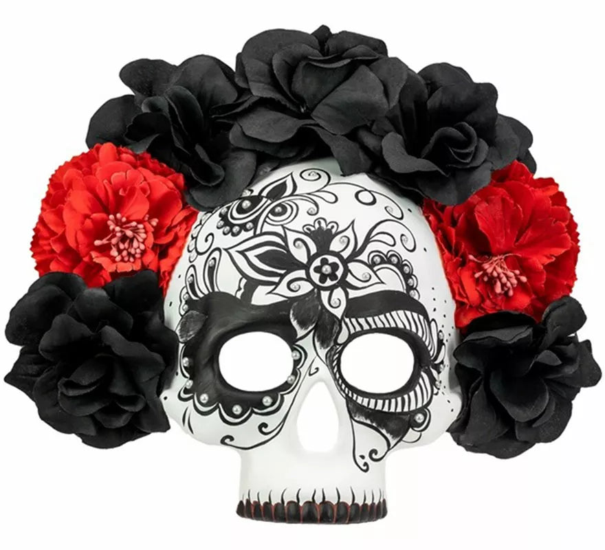 Máscara Calavera Día de Los Muertos con Rosas negras y rojas