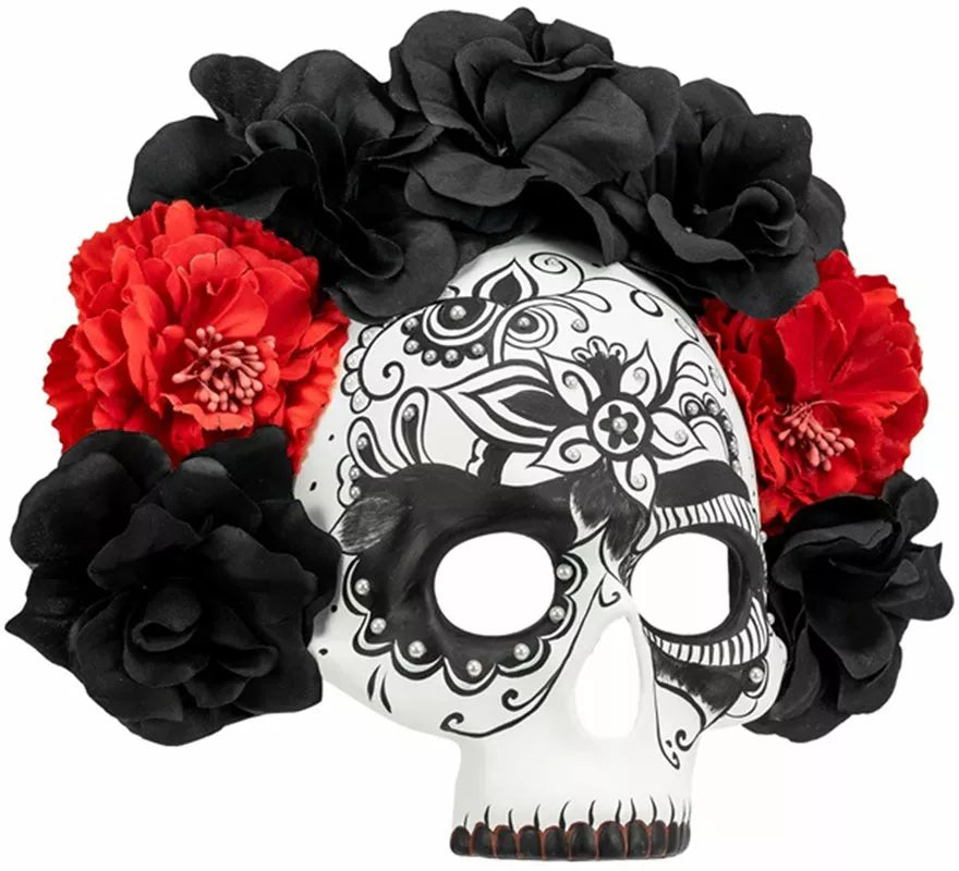 Translation missing: de.Máscara Calavera Día de Los Muertos con Rosas negras y rojas
