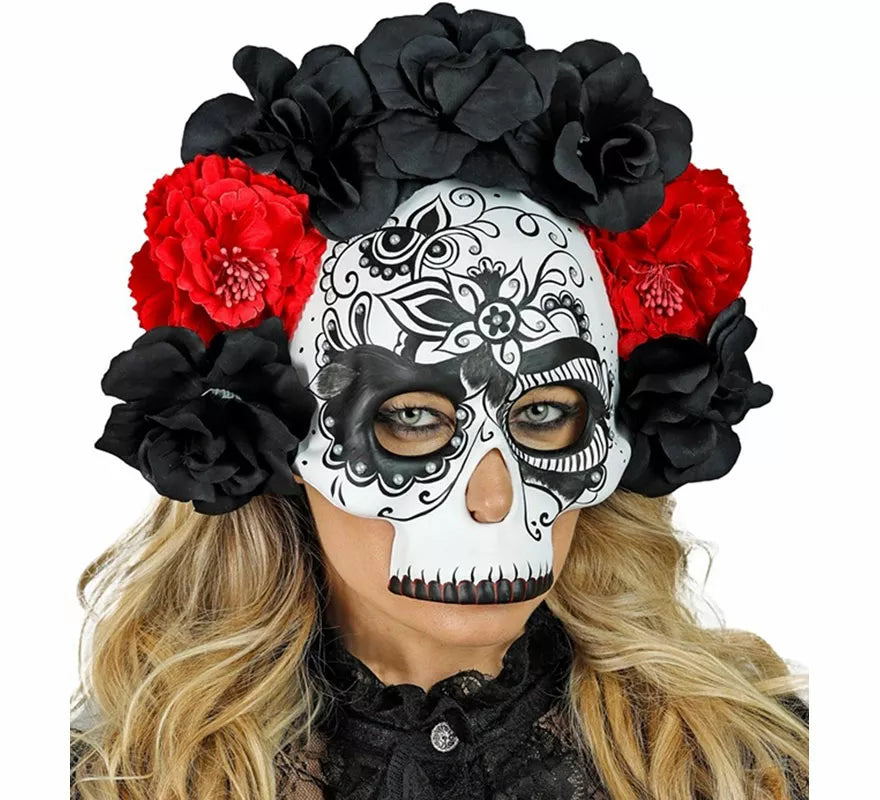 Translation missing: de.Máscara Calavera Día de Los Muertos con Rosas negras y rojas