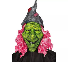 Grüne Hexenmaske mit rosa Haaren