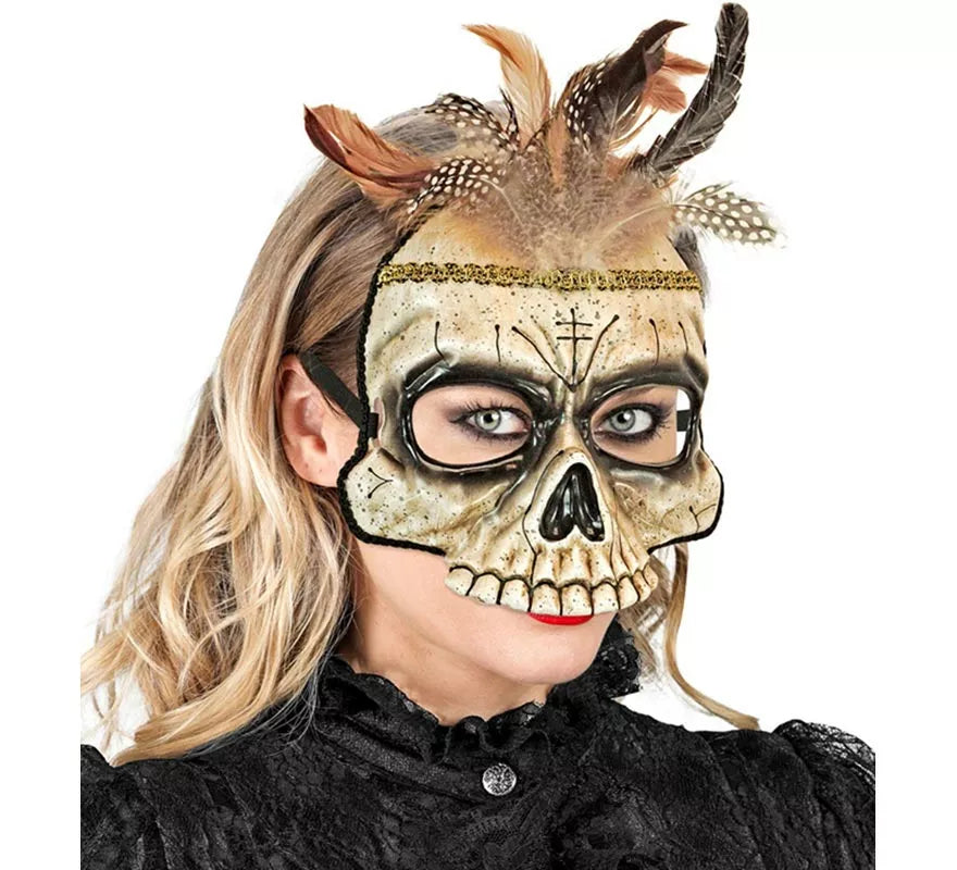 Máscara de Calavera Vudú con Plumas sin Barbilla