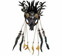 Schwarze Totenkopf-Schamanenmaske mit Federn