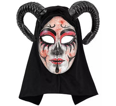 Dämonenmaskierte Frau mit Kapuze Commedia dell'Arte