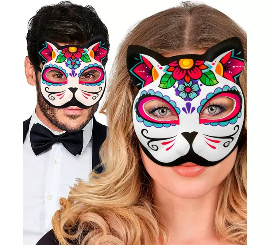 Máscara de Gato Catrina Día de Los Muertos sin Barbilla