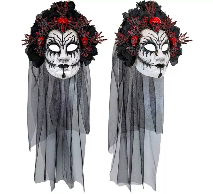 Translation missing: de.Máscara de Reina de La Muerte con Rosas negras y Velo