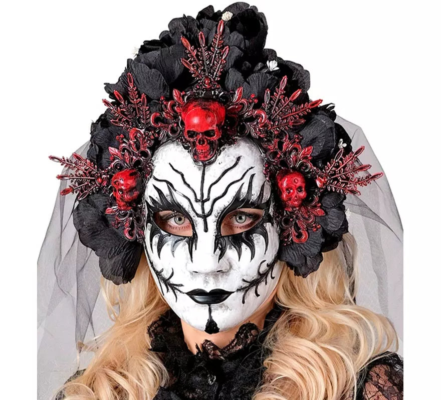 Translation missing: de.Máscara de Reina de La Muerte con Rosas negras y Velo