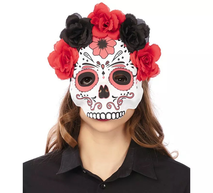 Translation missing: de.Media Máscara Catrina con flores adulto de 22x23 cm