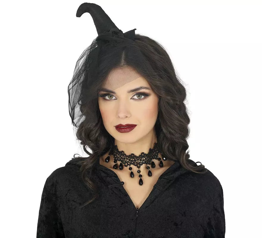 Mini Sombrero de Bruja negro con Velo negro