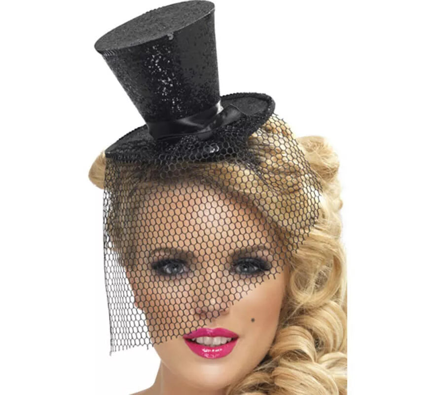 Translation missing: de.Mini Sombrero de Copa Burlesque Negro con Velo para Mujer