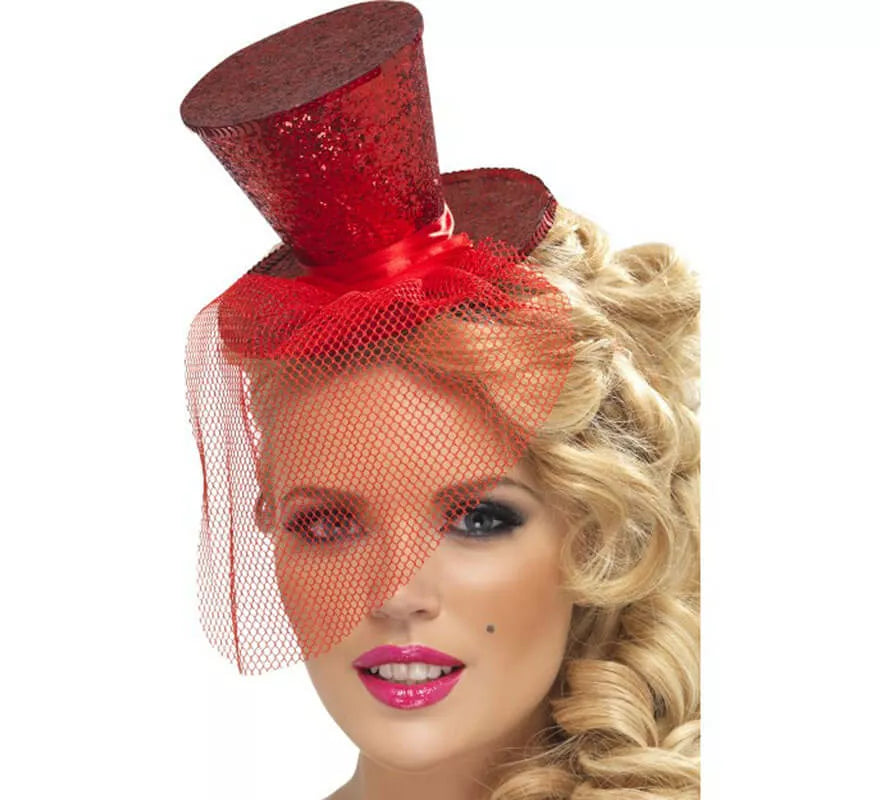 Translation missing: de.Mini Sombrero de Copa Burlesque Rojo con Velo para Mujer