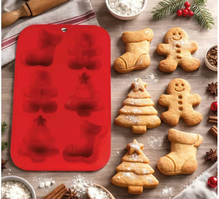 Translation missing: de.Molde de Silicona rojo para 6 Galletas Navideñas de 16x25 cm