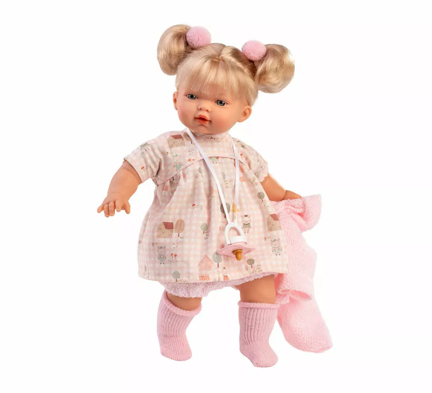 Muñeca Roberta Llorona de 33 cm con Vestido de Cuadros y Chaqueta