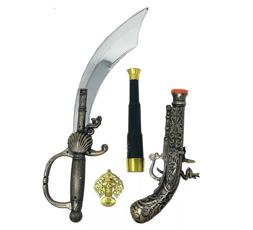 Translation missing: de.Pack Armas Pirata: Espada, Pistola, Catalejo y Medalla de Plástico