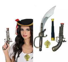 Piratenwaffen-Set: Schwert, Pistole, Fernrohr und Plastikmedaille