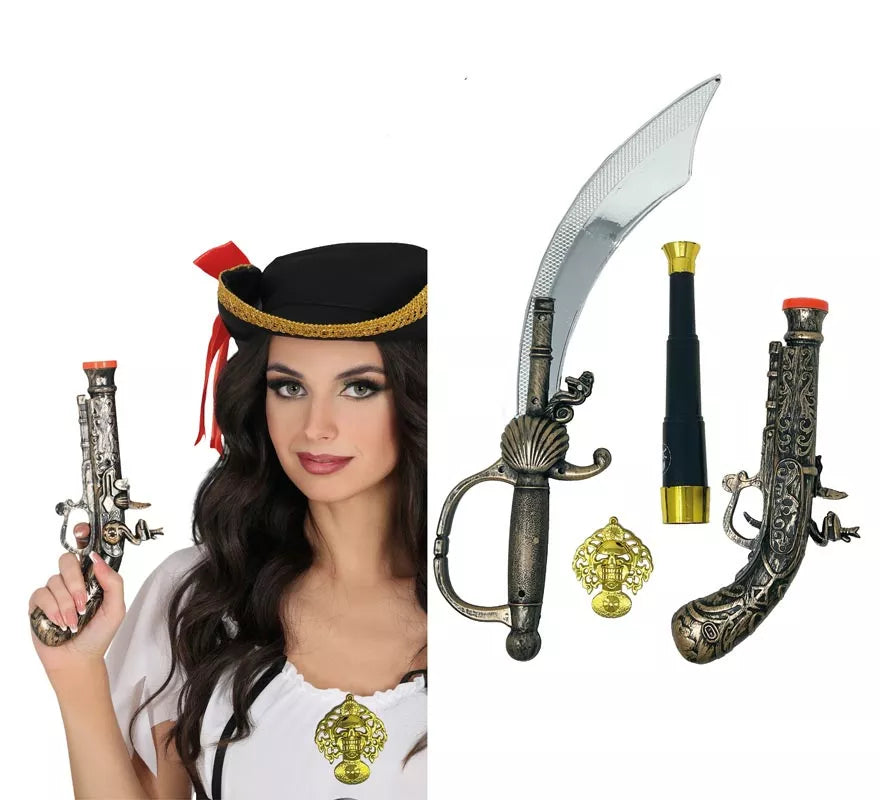 Translation missing: de.Pack Armas Pirata: Espada, Pistola, Catalejo y Medalla de Plástico