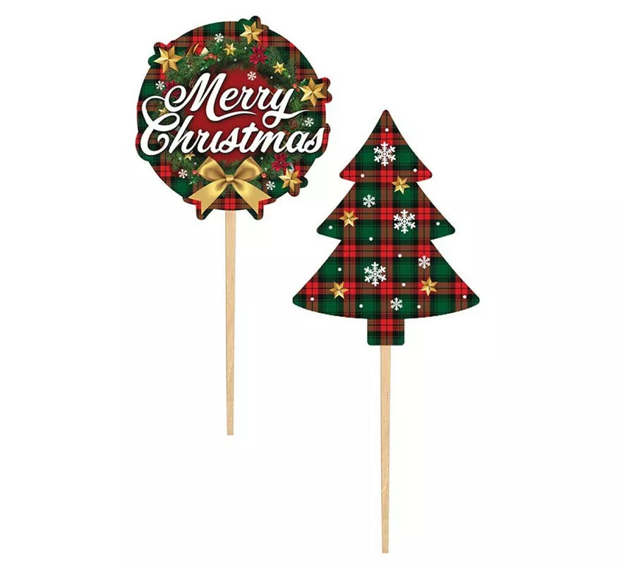 Translation missing: de.Pack de 12 Palillos Decorativos Merry Christmas de papel de 6 cm