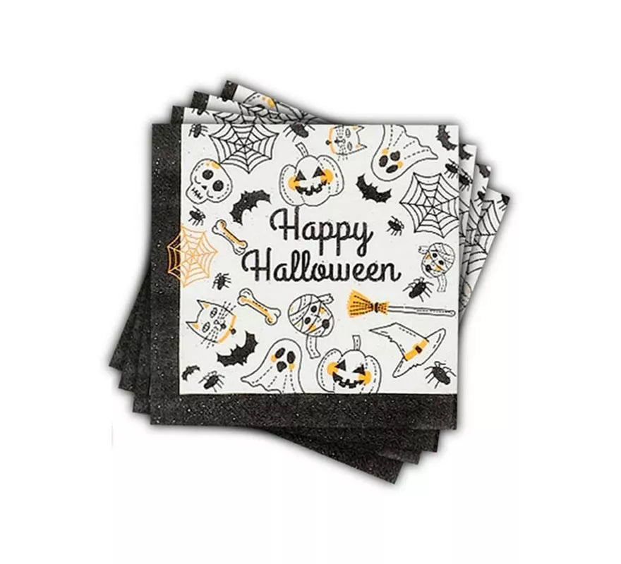 Translation missing: de.Pack de 12 Servilletas Happy Halloween Print blanco y negro de 33x33 cm