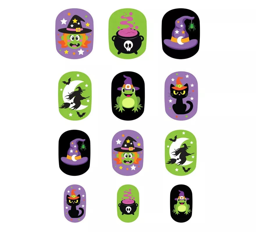 Pack de 12 Uñas Bruja con Adhesivo Infantil