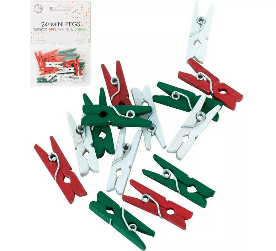 Translation missing: de.Pack de 24 Mini pinzas en Rojo, Blanco y Verde de madera