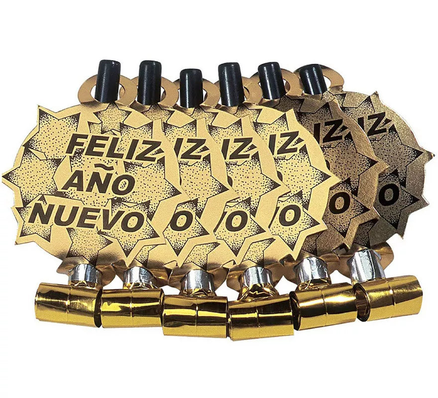 Translation missing: de.Pack de 6 Matasuegras Doradas 'Feliz Año Nuevo' para Nochevieja