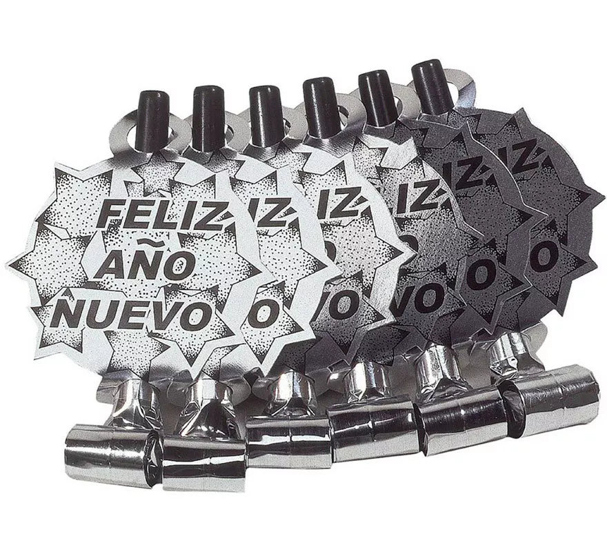 Translation missing: de.Pack de 6 Matasuegras Plateadas 'Feliz Año Nuevo' para Nochevieja