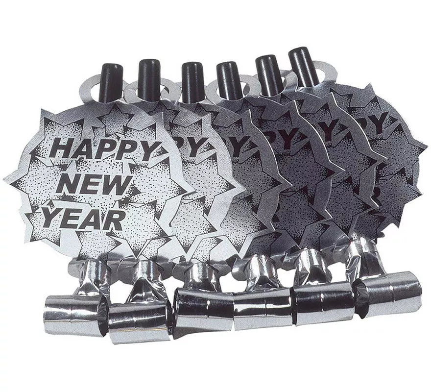 Translation missing: de.Pack de 6 Matasuegras Plateadas 'Happy New Year' para Nochevieja